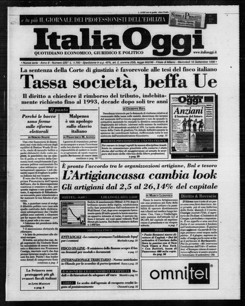 Italia oggi : quotidiano di economia finanza e politica